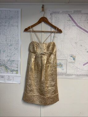 BCBG Gold Brocade Strapless Mini Dress with Thin Straps